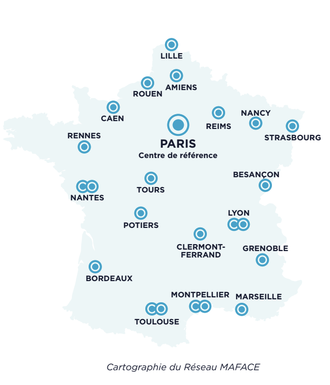 Cartographie des centres du réseau MAFACE en France, dont le centre de Montpellier
